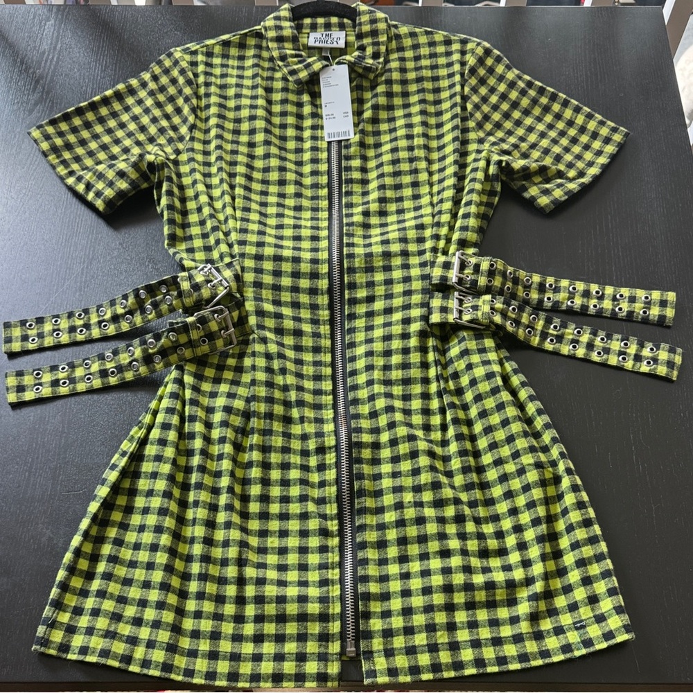 NWT Ragged Priest Mini - Lime Green/Black Plaid Zipper Buckled Dress - Size M